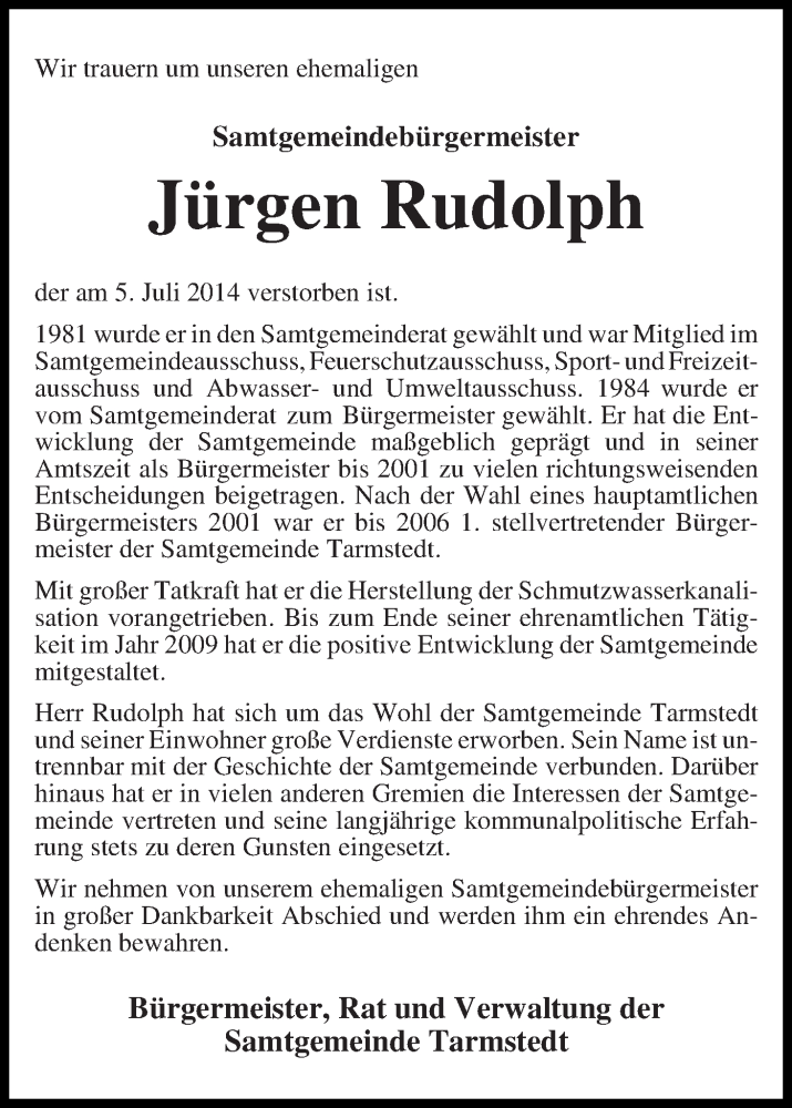  Traueranzeige für Jürgen Rudolph vom 09.07.2014 aus Wuemme Zeitung