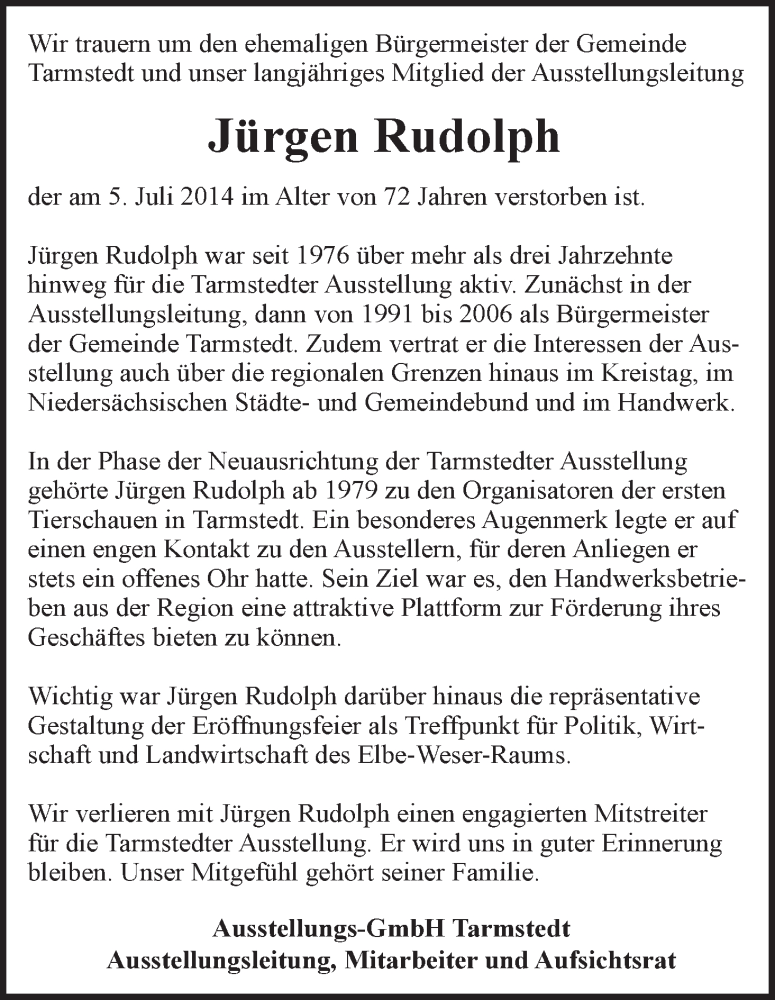  Traueranzeige für Jürgen Rudolph vom 09.07.2014 aus Wuemme Zeitung