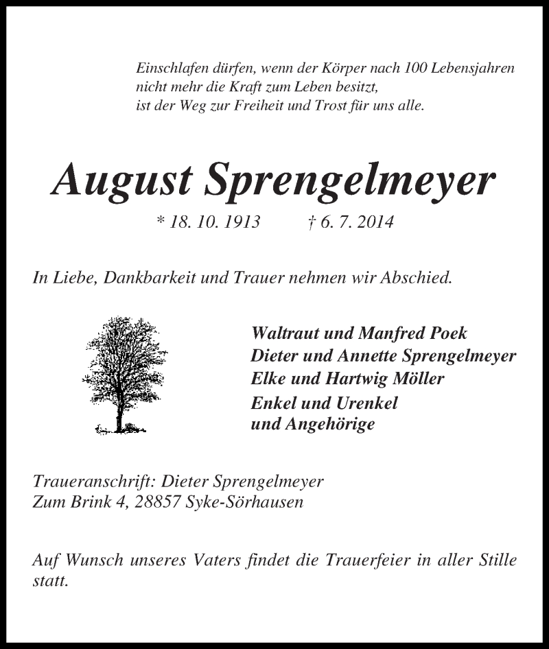  Traueranzeige für August Sprengelmeyer vom 11.07.2014 aus WESER-KURIER