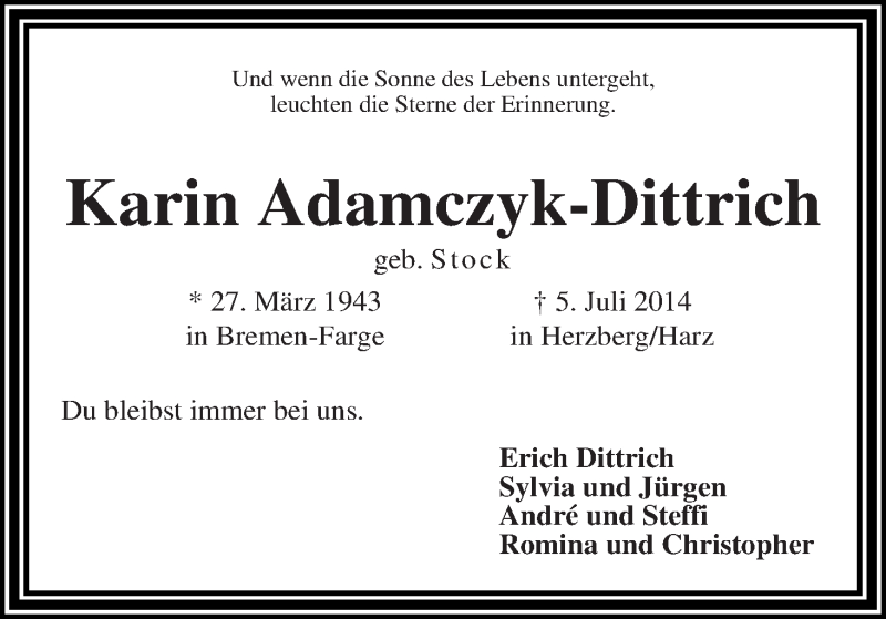  Traueranzeige für Karin Adamczyk-Dittrich vom 12.07.2014 aus Die Norddeutsche