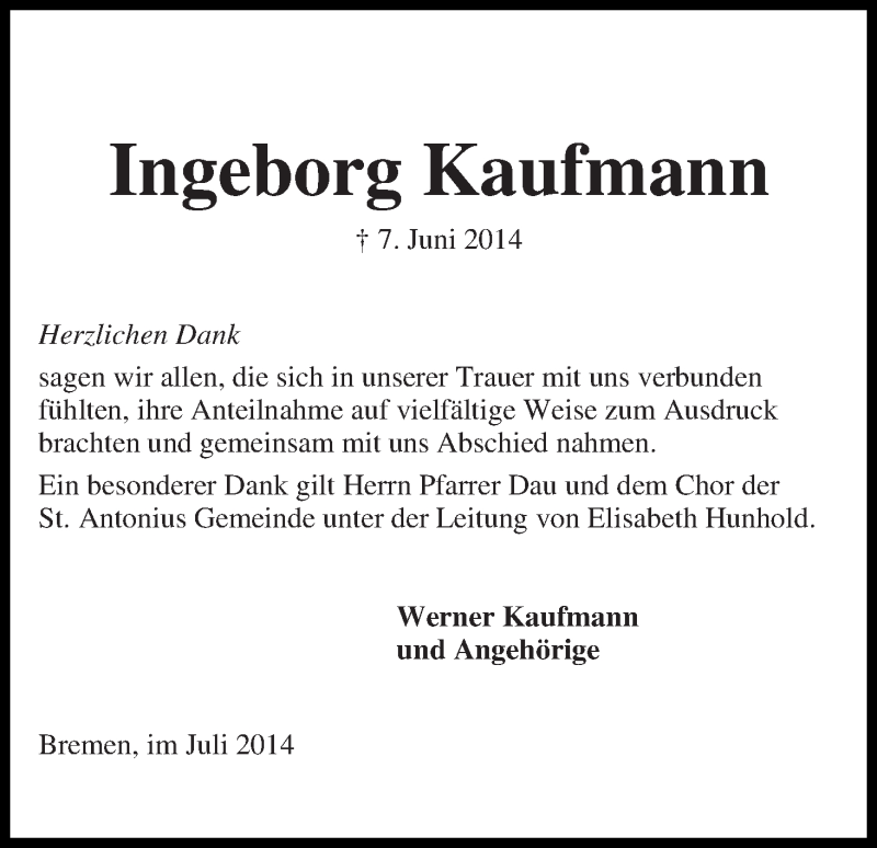 Traueranzeigen Von Ingeborg Kaufmann Trauer Gedenken