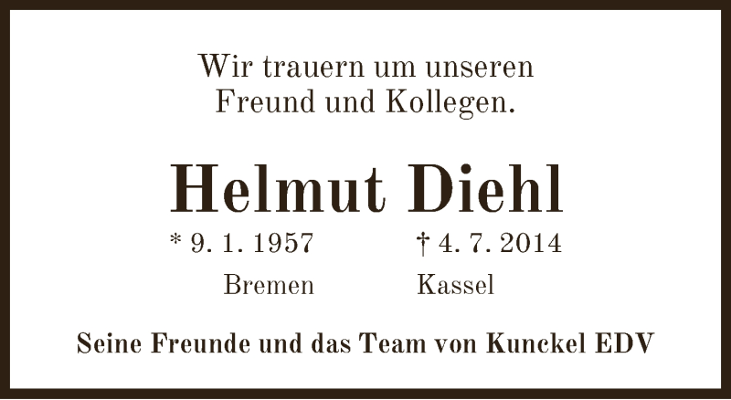  Traueranzeige für Helmut Diehl vom 12.07.2014 aus WESER-KURIER