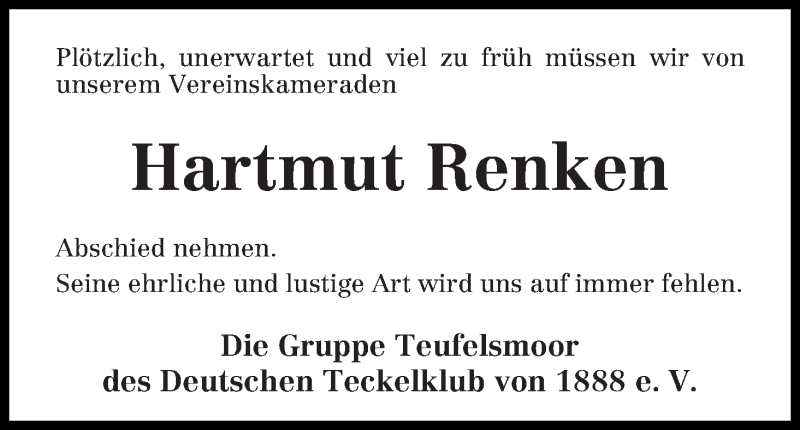  Traueranzeige für Hartmut Renken vom 19.07.2014 aus Osterholzer Kreisblatt