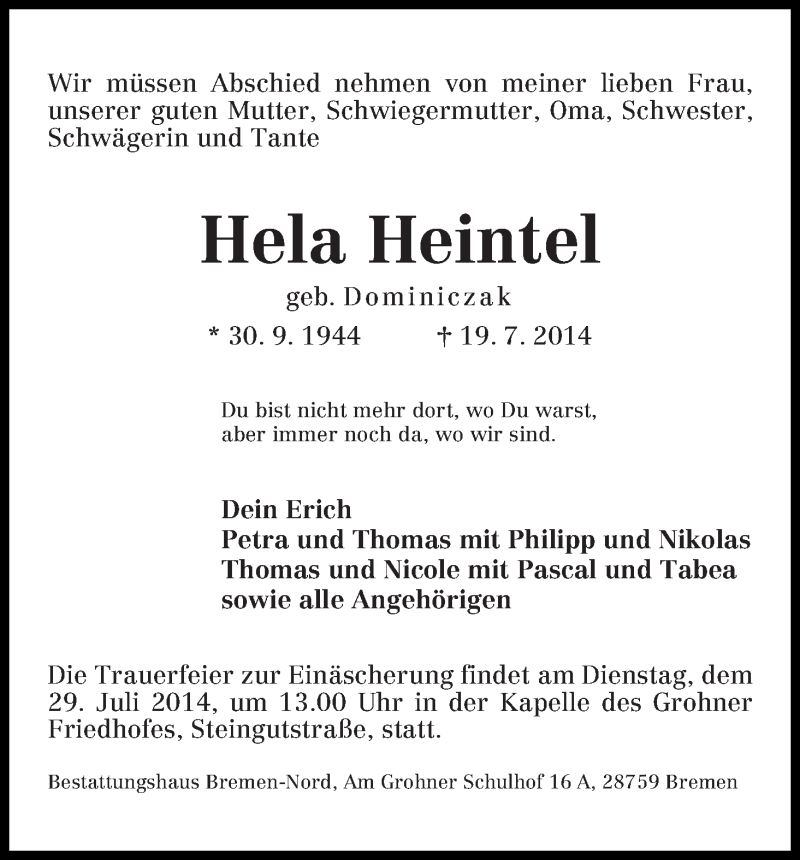  Traueranzeige für Hela Heintel vom 23.07.2014 aus Die Norddeutsche