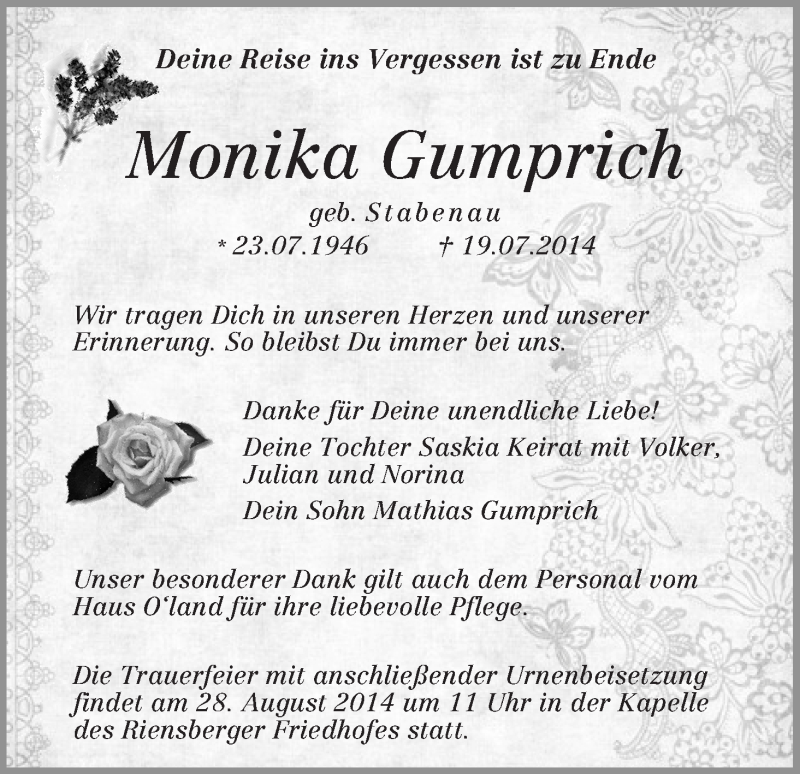  Traueranzeige für Monika Gumprich vom 26.07.2014 aus WESER-KURIER