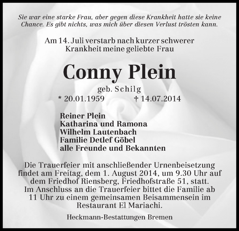  Traueranzeige für Conny Plein vom 26.07.2014 aus WESER-KURIER