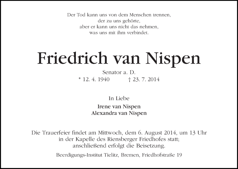  Traueranzeige für Friedrich van Nispen vom 26.07.2014 aus WESER-KURIER