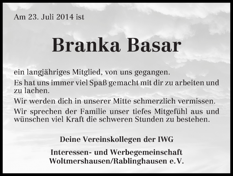  Traueranzeige für Branka Basar vom 26.07.2014 aus WESER-KURIER
