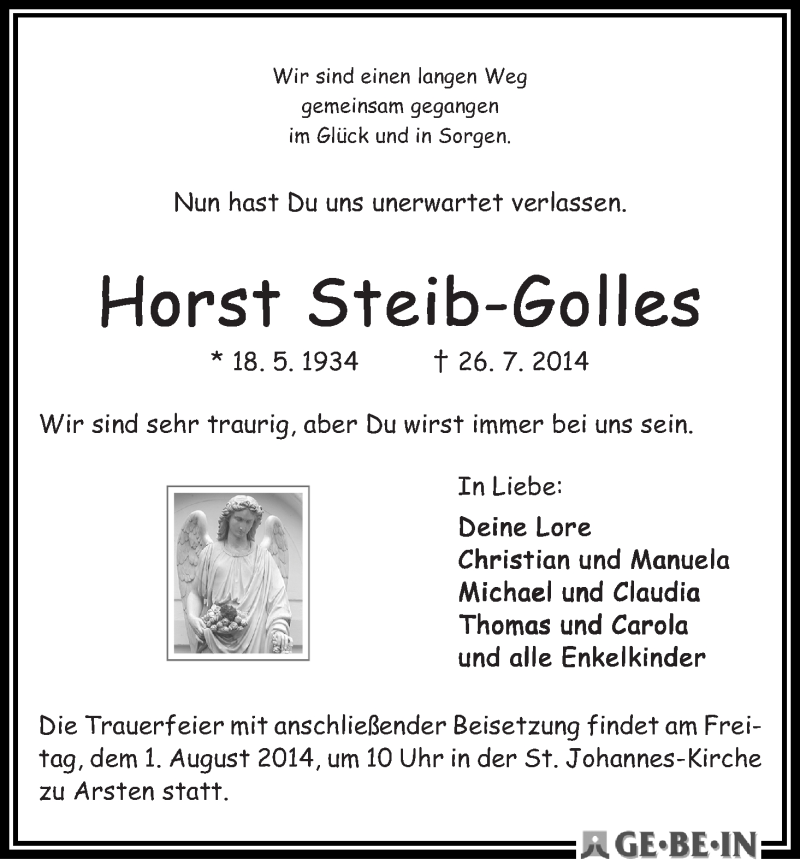  Traueranzeige für Horst Steib-Golles vom 30.07.2014 aus WESER-KURIER