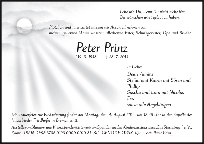 Traueranzeige für Peter Prinz vom 30.07.2014 aus WESER-KURIER