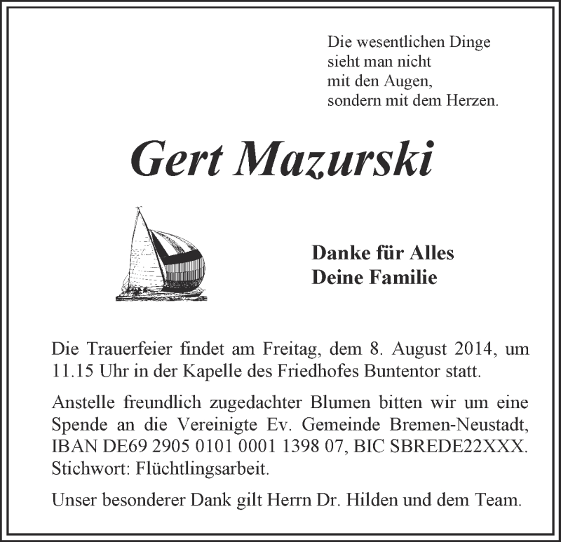  Traueranzeige für Gert Mazurski vom 05.08.2014 aus WESER-KURIER