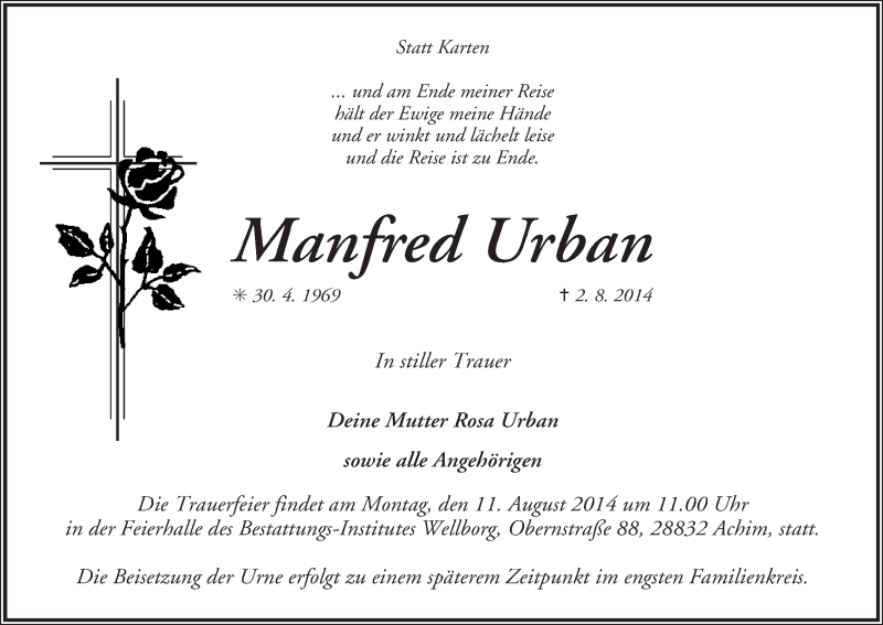  Traueranzeige für Manfred Urban vom 08.08.2014 aus WESER-KURIER