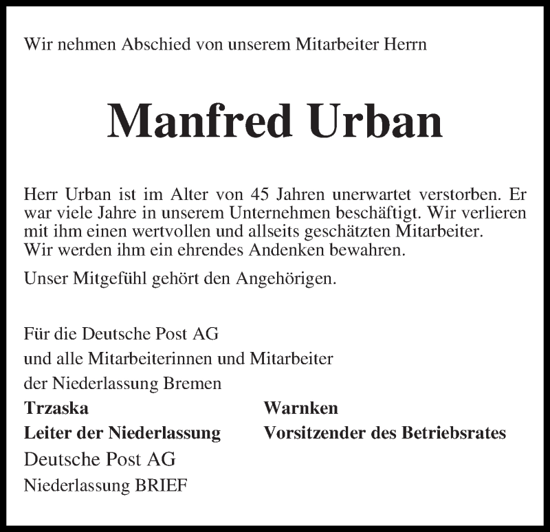  Traueranzeige für Manfred Urban vom 08.08.2014 aus WESER-KURIER
