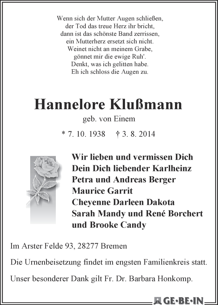  Traueranzeige für Hannelore Klußmann vom 09.08.2014 aus WESER-KURIER