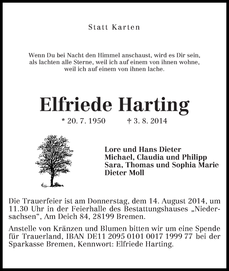  Traueranzeige für Elfriede Harting vom 09.08.2014 aus WESER-KURIER