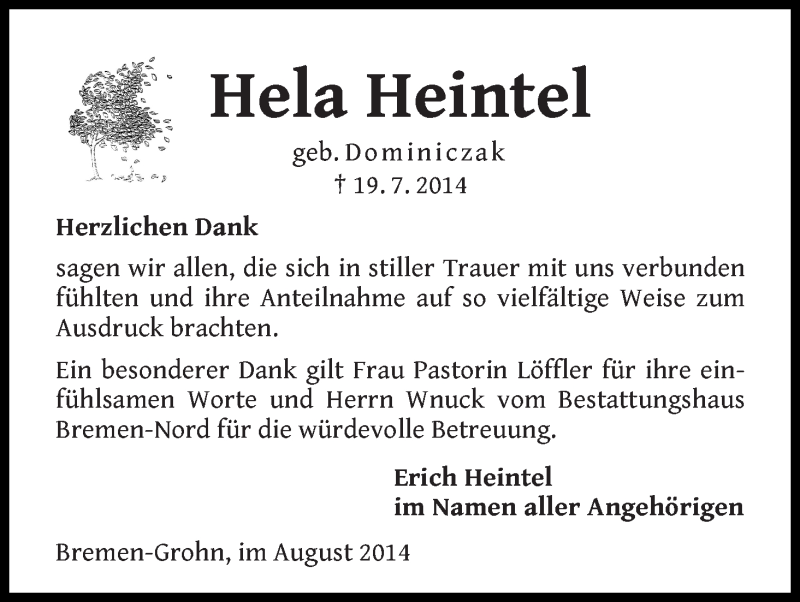  Traueranzeige für Hela Heintel vom 13.08.2014 aus Die Norddeutsche