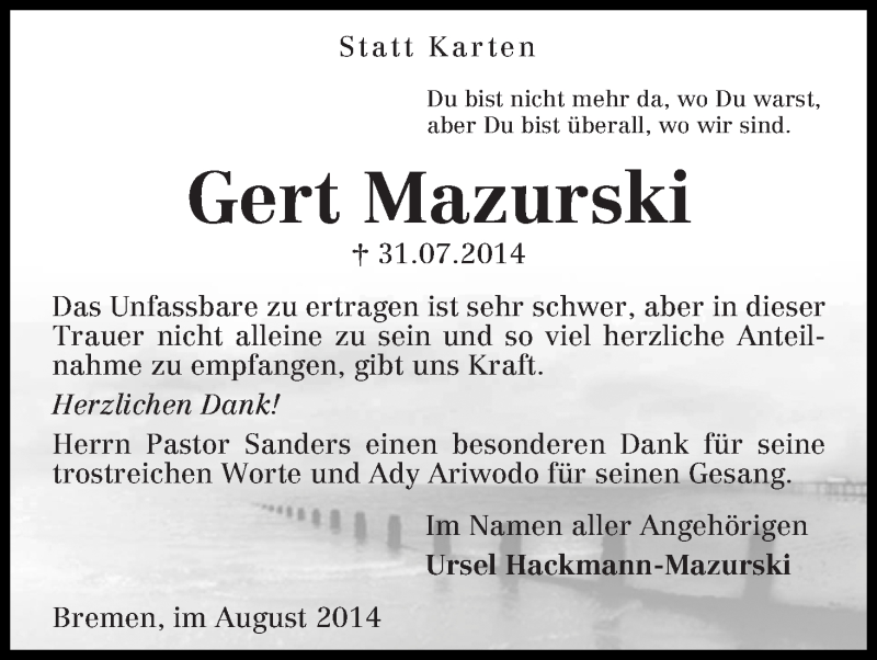  Traueranzeige für Gert Mazurski vom 16.08.2014 aus WESER-KURIER