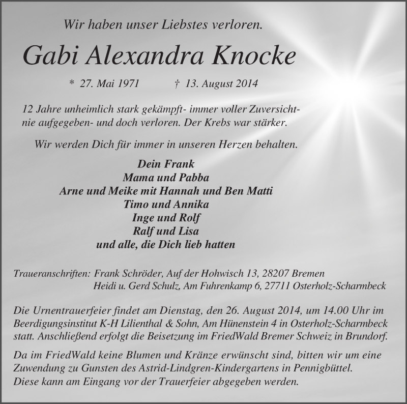  Traueranzeige für Gabie Alexandra Knocke vom 16.08.2014 aus WESER-KURIER