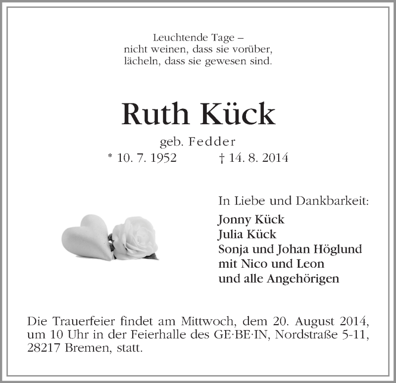  Traueranzeige für Ruth Kück vom 18.08.2014 aus WESER-KURIER