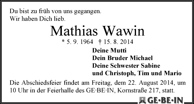  Traueranzeige für Mathias Wawin vom 20.08.2014 aus WESER-KURIER