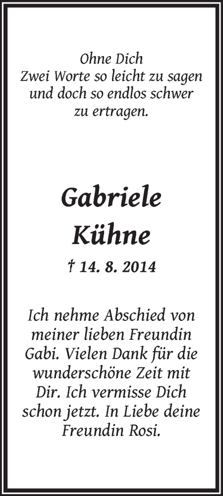  Traueranzeige für Gabriele Kühne vom 20.08.2014 aus WESER-KURIER