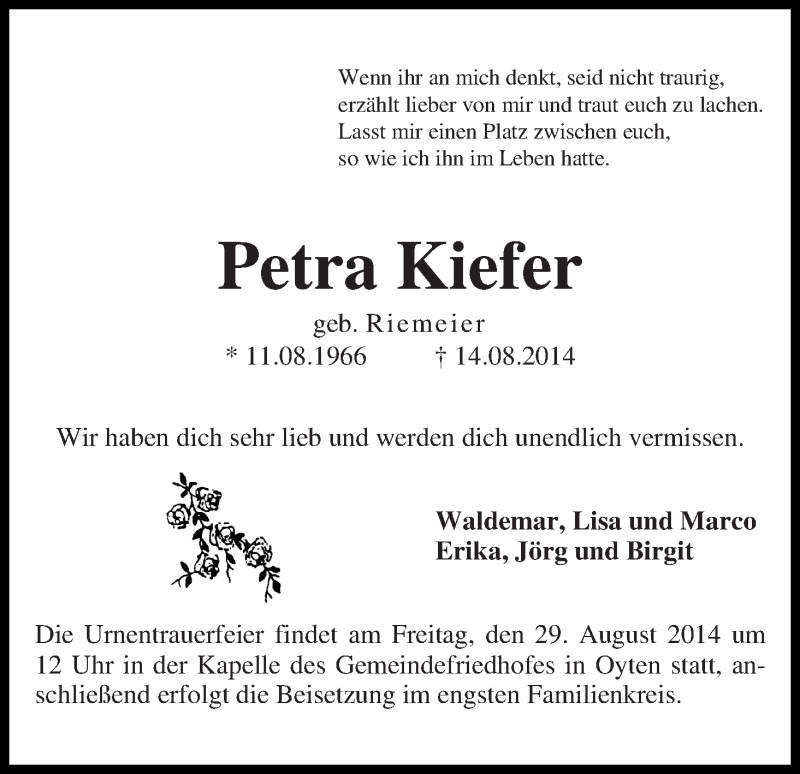  Traueranzeige für Petra Kiefer vom 20.08.2014 aus WESER-KURIER