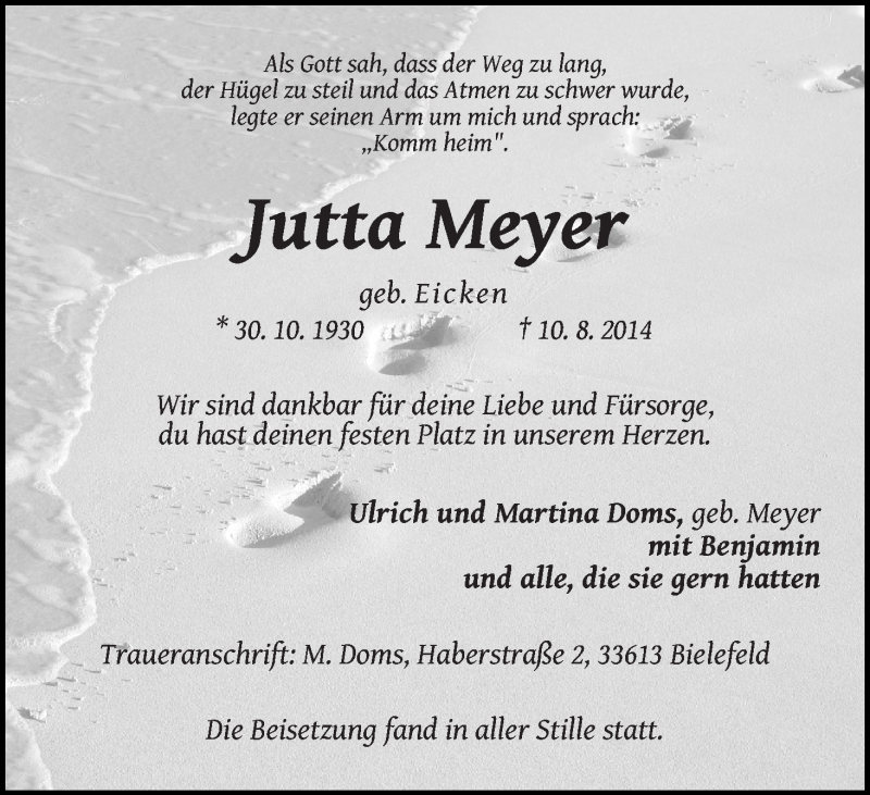  Traueranzeige für Jutta Meyer vom 23.08.2014 aus WESER-KURIER