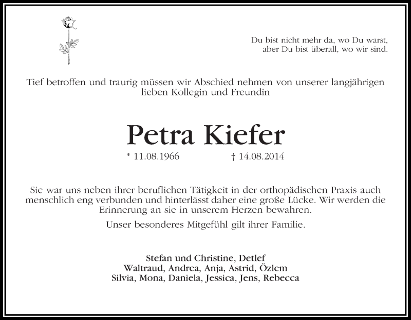  Traueranzeige für Petra Kiefer vom 23.08.2014 aus WESER-KURIER