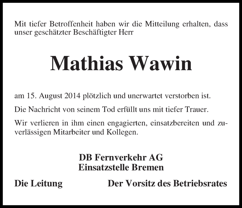  Traueranzeige für Mathias Wawin vom 23.08.2014 aus WESER-KURIER