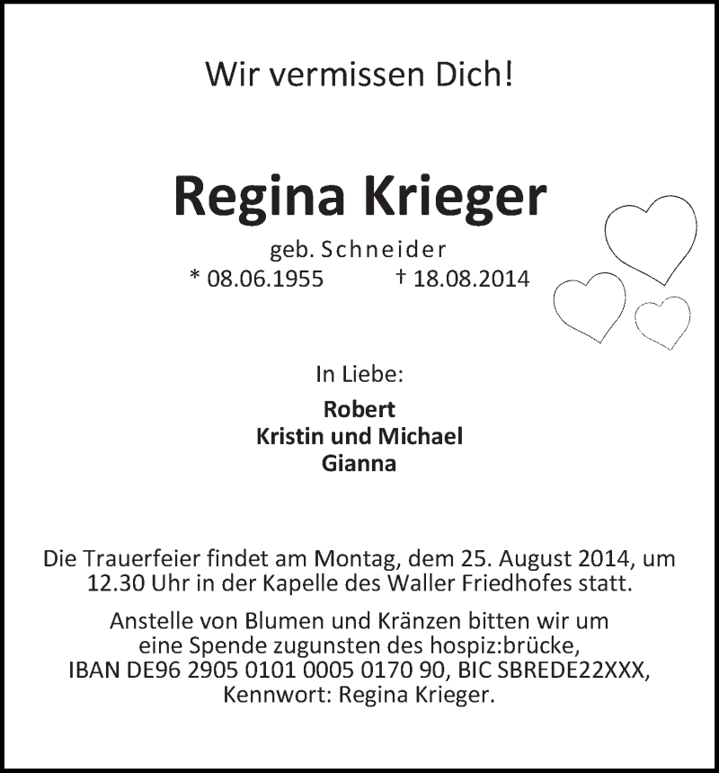  Traueranzeige für Regina Krieger vom 21.08.2014 aus WESER-KURIER