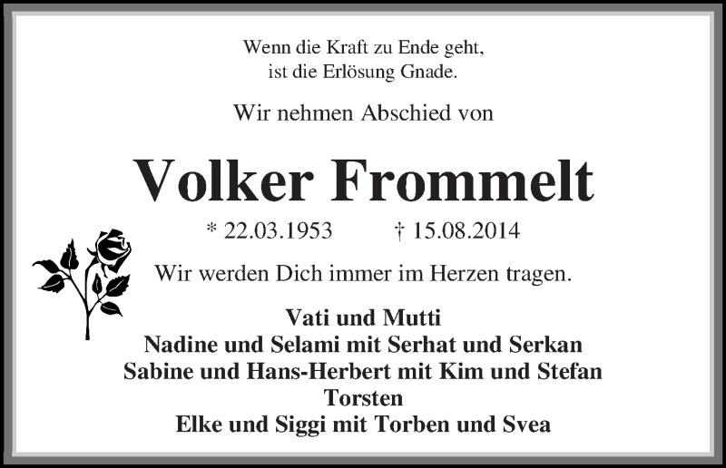  Traueranzeige für Volker Frommelt vom 23.08.2014 aus WESER-KURIER