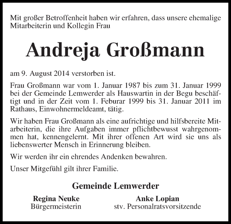  Traueranzeige für Andreja Großmann vom 23.08.2014 aus Die Norddeutsche