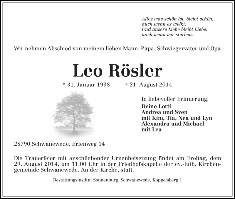  Traueranzeige für Leo Rösler vom 26.08.2014 aus Die Norddeutsche