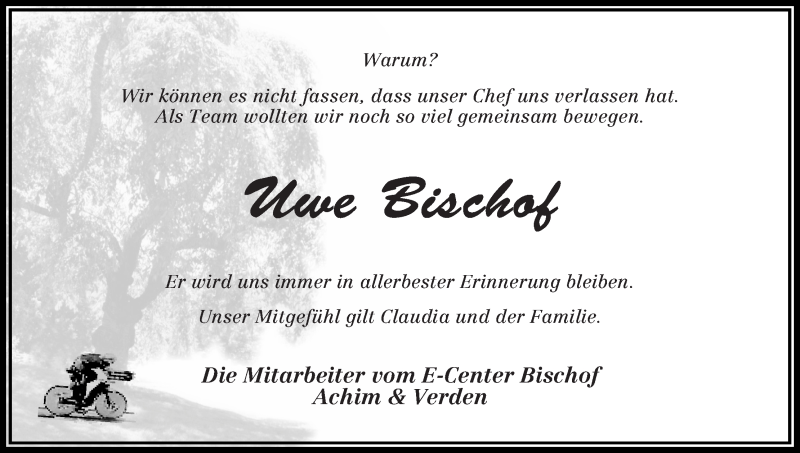  Traueranzeige für Uwe Bischof vom 28.08.2014 aus Achimer Kurier/Verdener Nachrichten