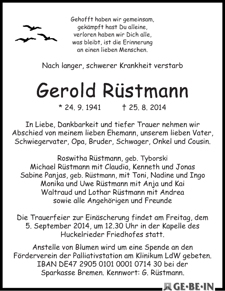  Traueranzeige für Gerold Rüstmann vom 30.08.2014 aus WESER-KURIER