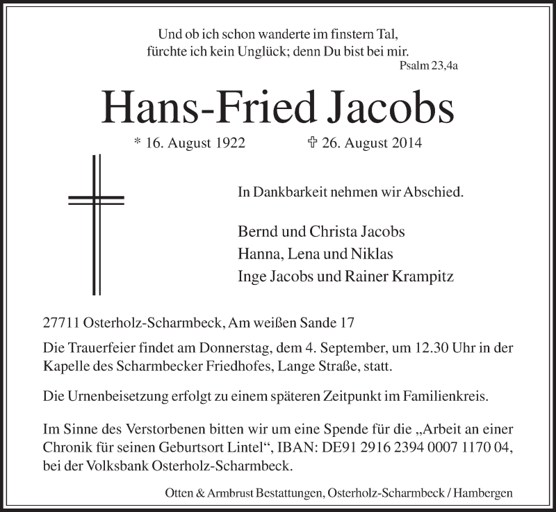  Traueranzeige für Hans-Fried Jacobs vom 30.08.2014 aus Osterholzer Kreisblatt