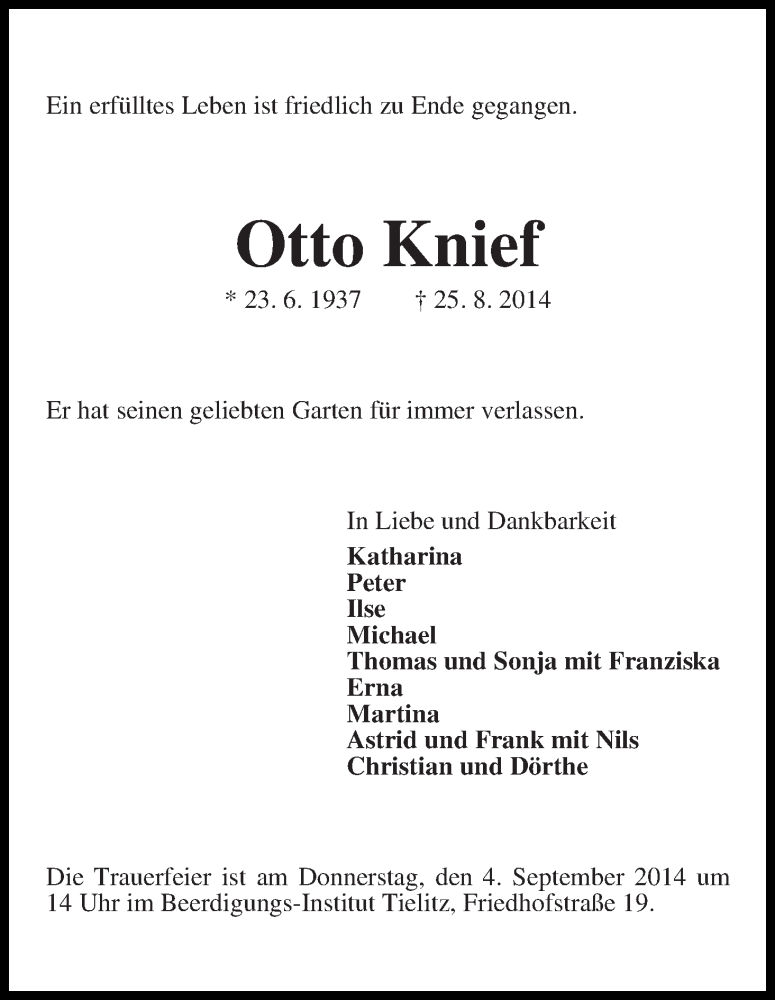  Traueranzeige für Otto Knief vom 30.08.2014 aus WESER-KURIER