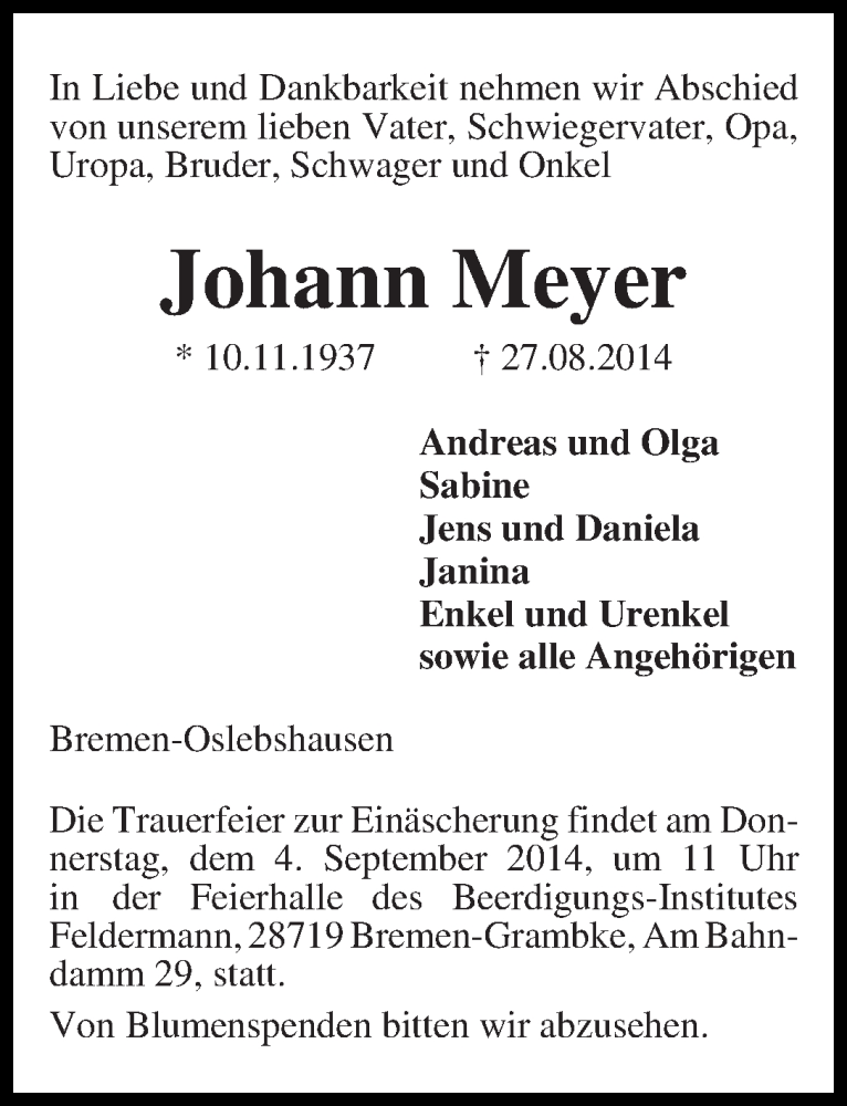  Traueranzeige für Johann Meyer vom 30.08.2014 aus WESER-KURIER