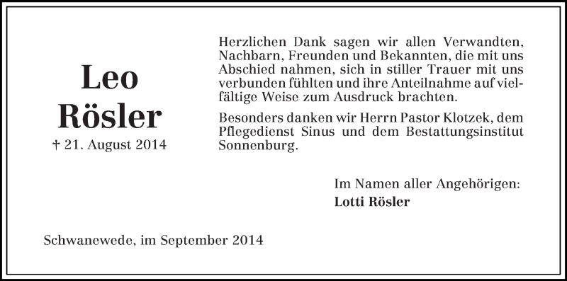  Traueranzeige für Leo Rösler vom 05.09.2014 aus Die Norddeutsche