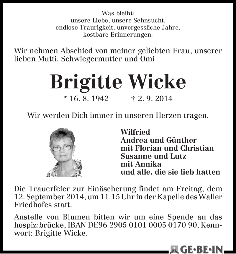  Traueranzeige für Brigitte Wicke vom 06.09.2014 aus WESER-KURIER
