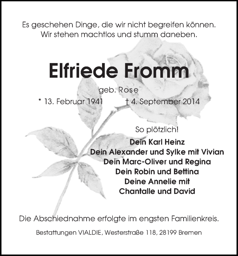  Traueranzeige für Elfriede Fromm vom 13.09.2014 aus WESER-KURIER