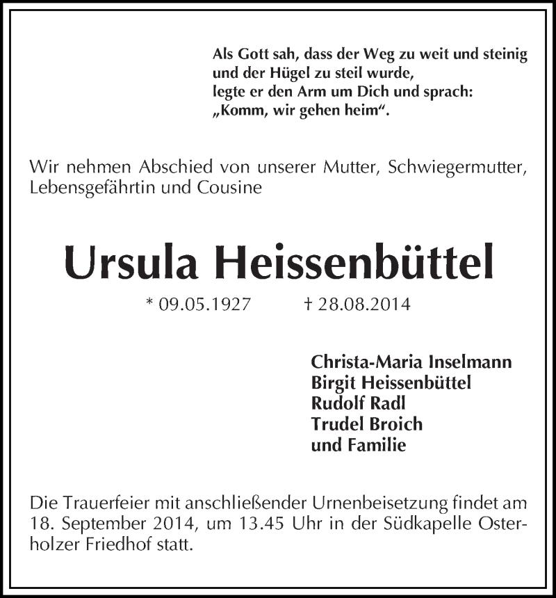  Traueranzeige für Ursula Heissenbüttel vom 13.09.2014 aus WESER-KURIER