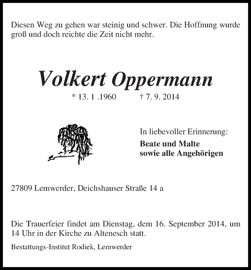  Traueranzeige für Volkert Oppermann vom 11.09.2014 aus Die Norddeutsche