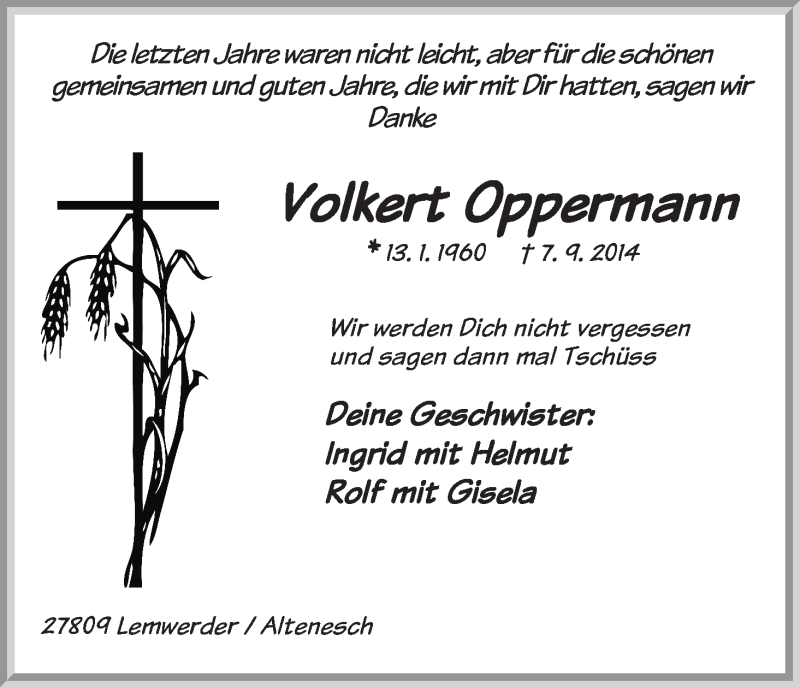  Traueranzeige für Volkert Oppermann vom 13.09.2014 aus Die Norddeutsche