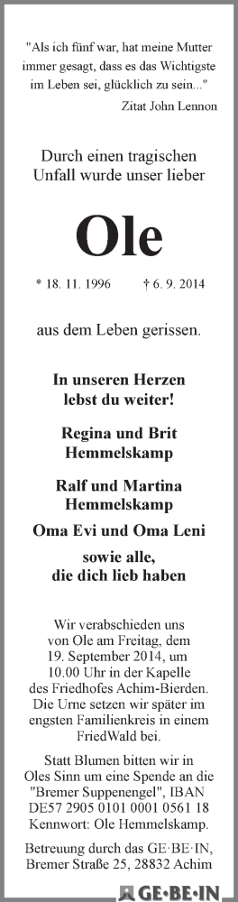  Traueranzeige für Ole Hemmelskamp vom 13.09.2014 aus WESER-KURIER