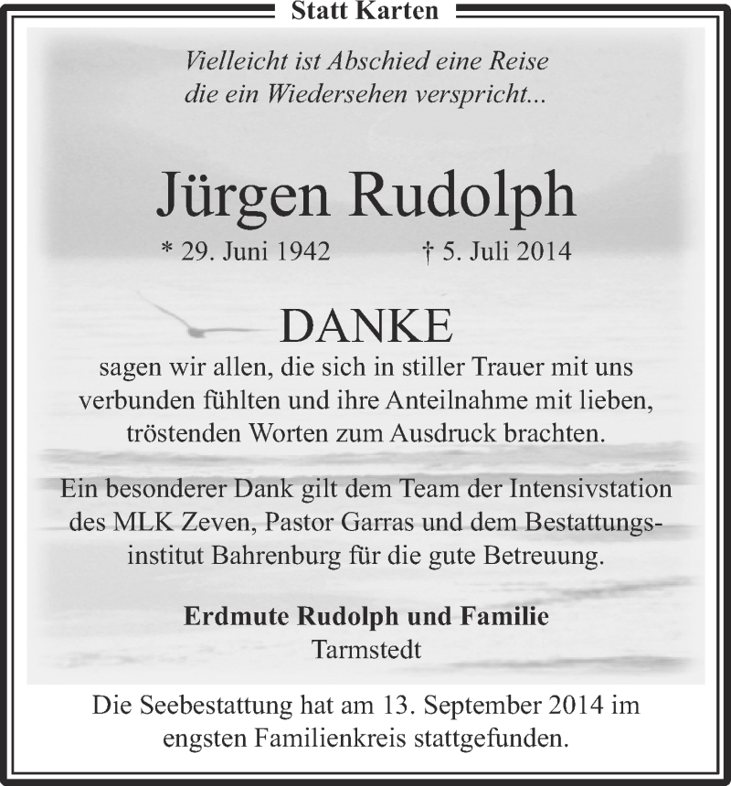  Traueranzeige für Jürgen Rudolph vom 15.09.2014 aus Wuemme Zeitung