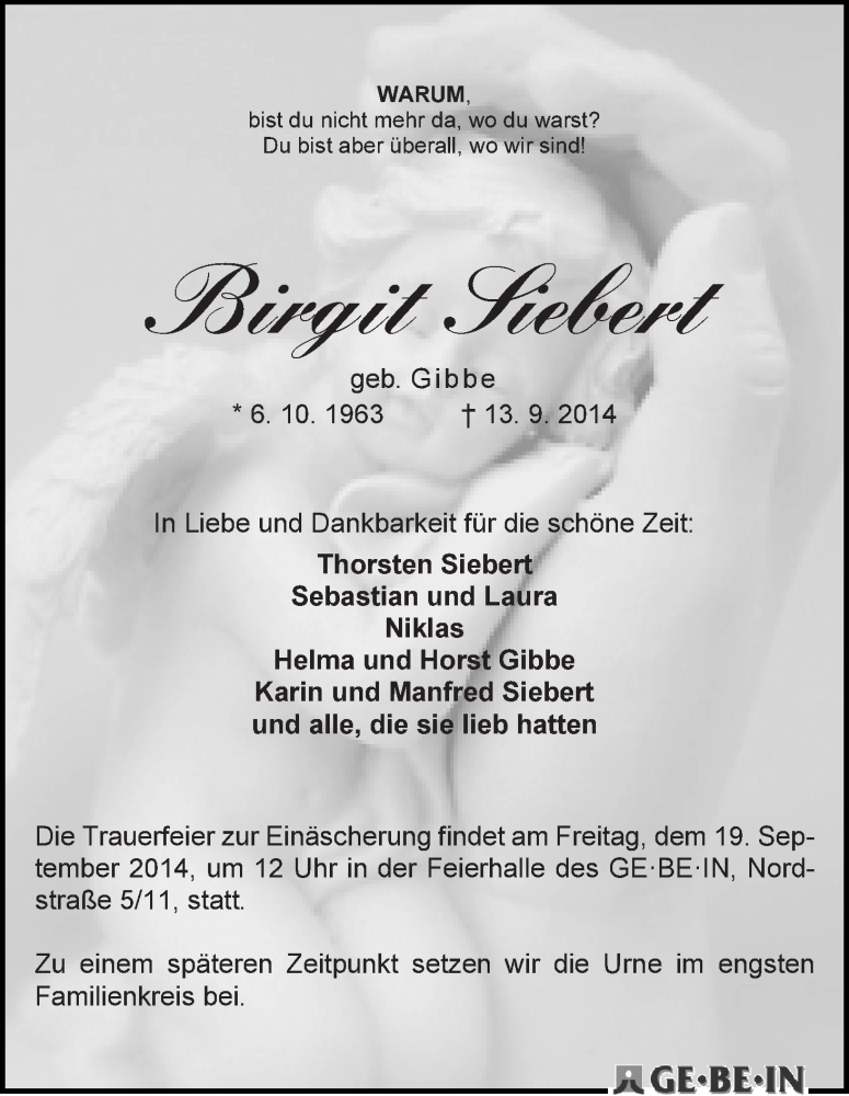  Traueranzeige für Birgit Siebert vom 17.09.2014 aus WESER-KURIER