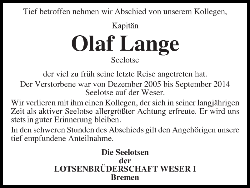  Traueranzeige für Olaf Lange vom 17.09.2014 aus WESER-KURIER