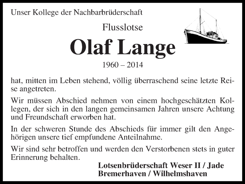  Traueranzeige für Olaf Lange vom 17.09.2014 aus WESER-KURIER