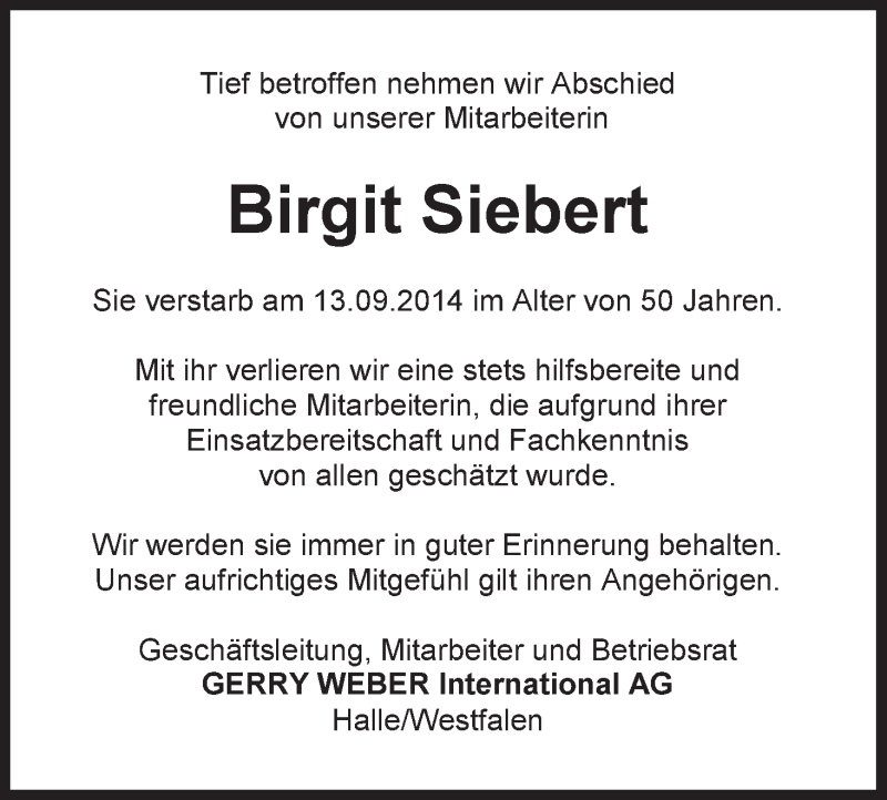  Traueranzeige für Birgit Siebert vom 17.09.2014 aus WESER-KURIER